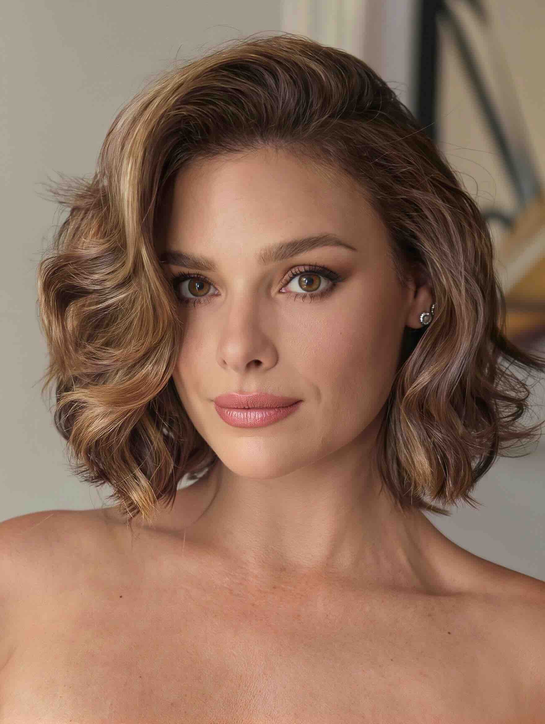 Soft wavy bob haircut with side part for a plus-size woman over 40