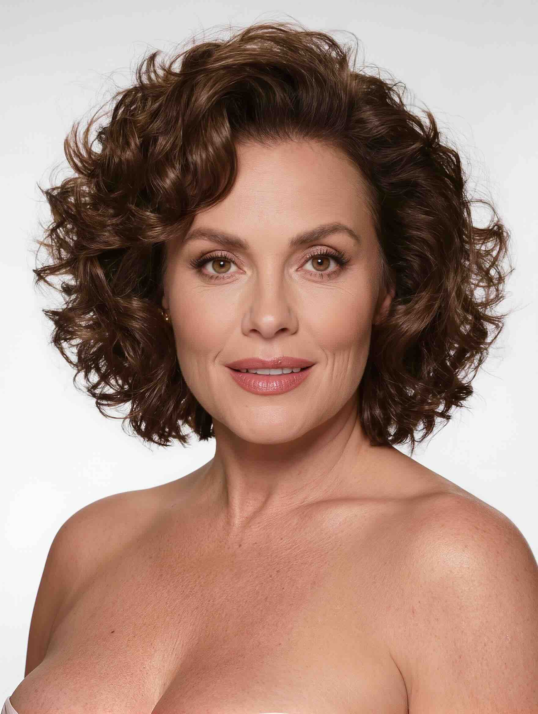 Shaped curly haircut with crown volume for a plus-size woman over 40