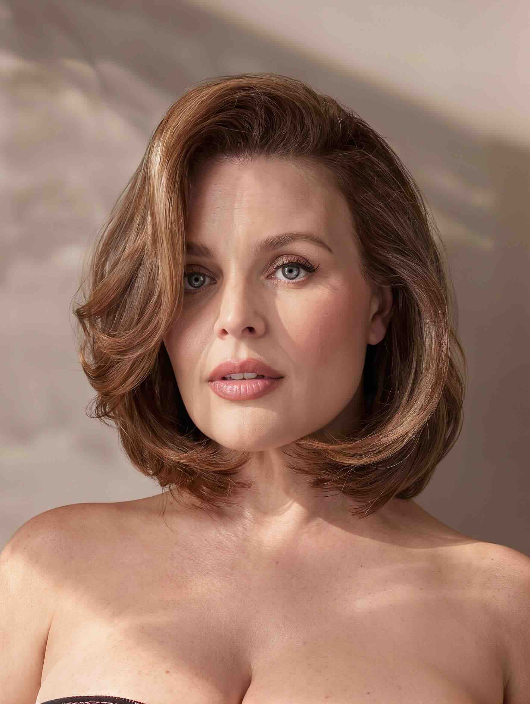 Shoulder-length haircut with side-swept bangs for a plus-size woman over 40 with a round face