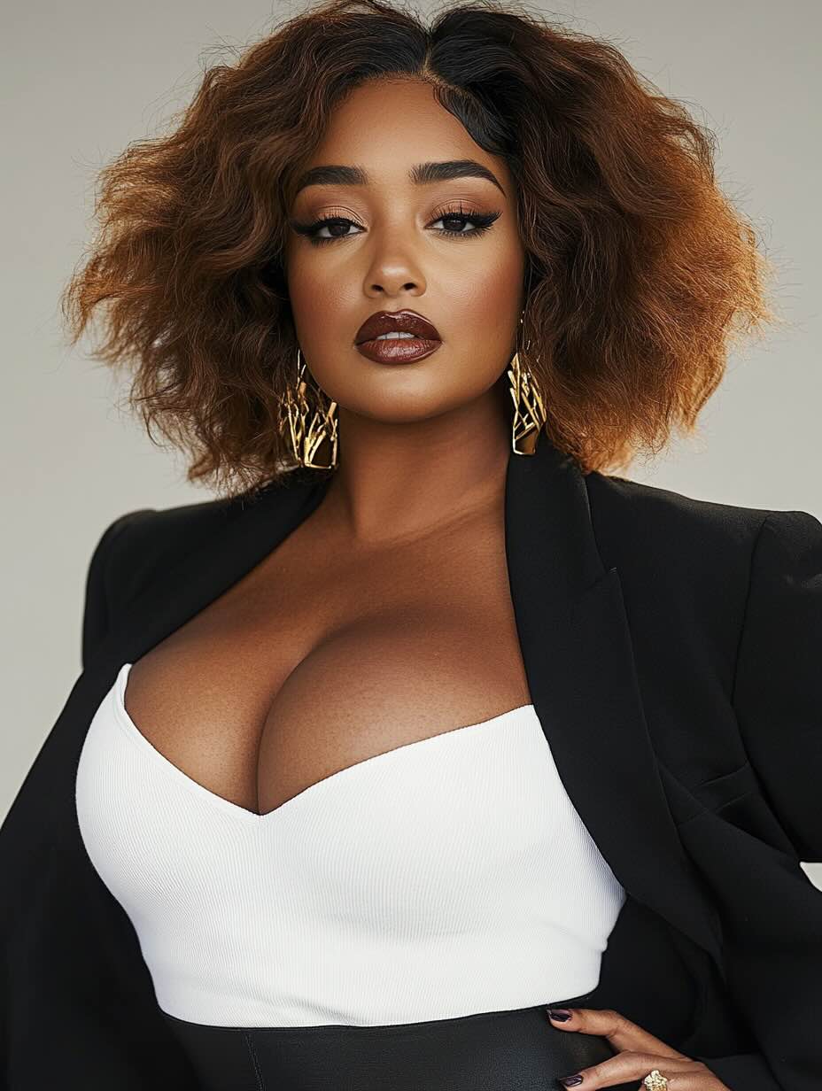 Plus-size woman over 40 showcasing a wavy bob with blonde highlights