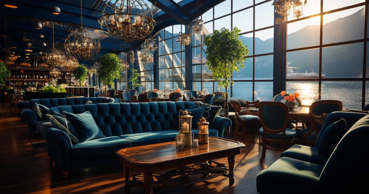 A luxurious solo lounge onboard a Norwegian Cruise Line ship. Solo travelers are mingling, enjoying drinks, and engaging in conversations. The ambiance is lively yet intimate.