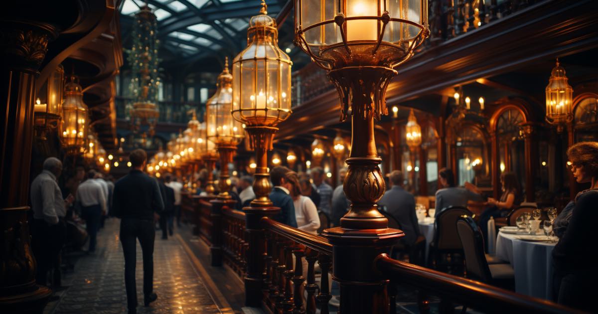 A grand dining hall of Holland America Line's ship, with elegantly dressed singles over 40 enjoying a gourmet meal. Waiters are serving dishes, and there's a live band playing soft jazz in the background. 