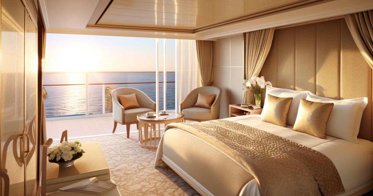 A spacious, opulent suite onboard a Regent Seven Seas cruise. The room boasts a king-sized bed, a private balcony overlooking the ocean, and a personal butler setting up a champagne breakfast.
