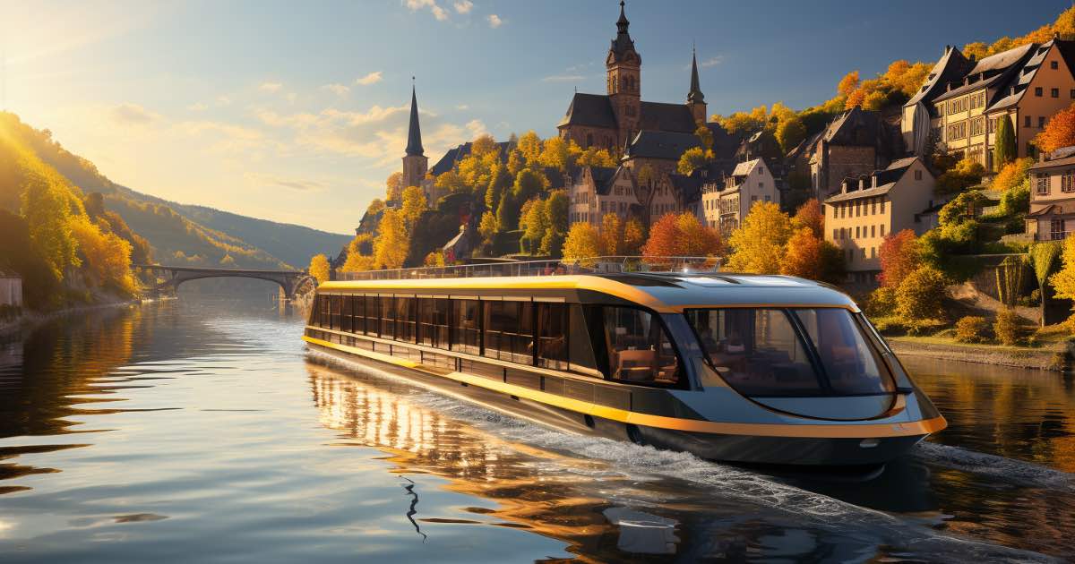 A serene view from an AmaWaterways river cruise. The ship is sailing through a picturesque European town, with historic buildings lining the riverbanks and locals waving from bridges. 