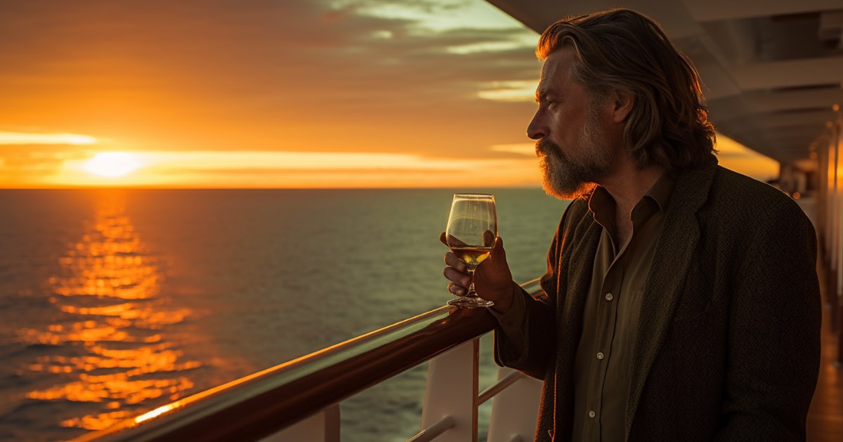 A middle-aged man stands alone at the ship's railing, gazing at a breathtaking sunset over the ocean. He's holding a glass of wine, lost in thought, with the wind gently ruffling his hair. The vastness of the sea and the fiery hues of the sunset reflect in his eyes.