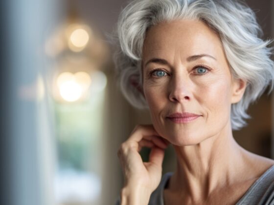 Over 40 woman looking in a mirror, applying eyeliner