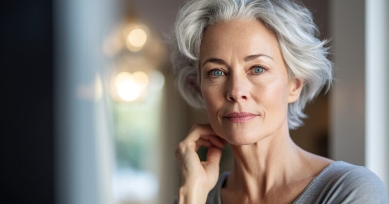 Over 40 woman looking in a mirror, applying eyeliner