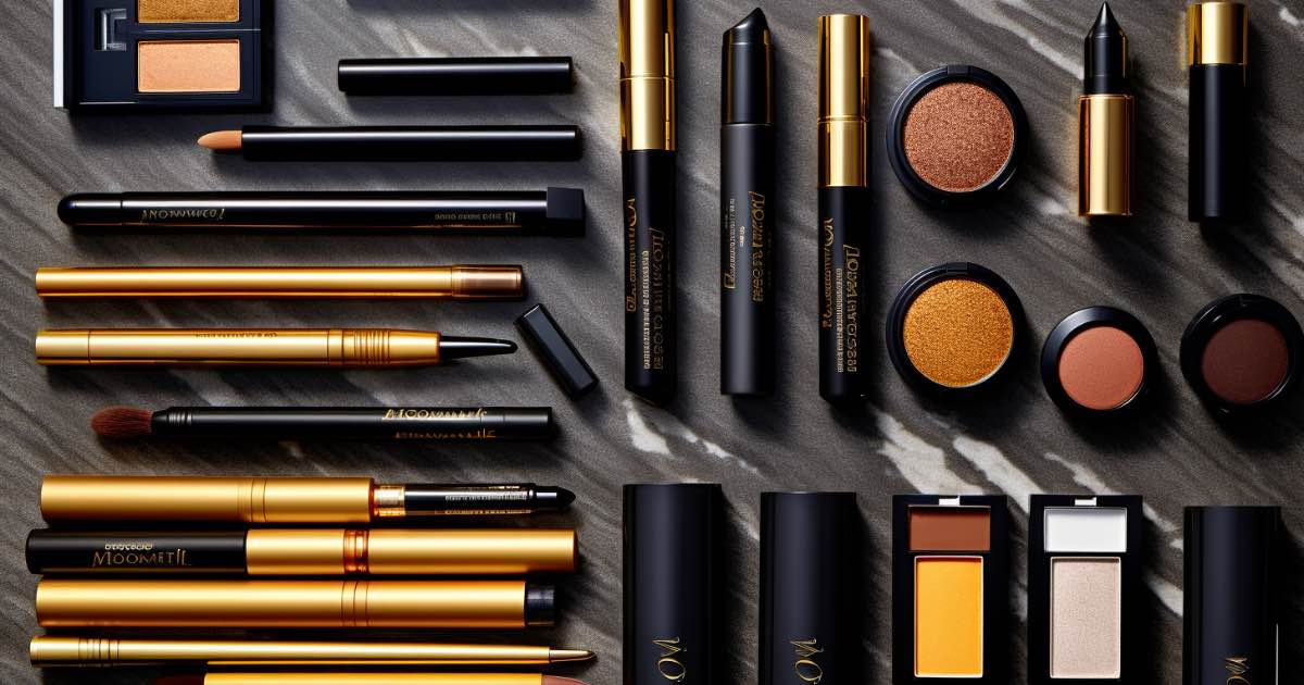 Array of eyeliner products on a marble countertop