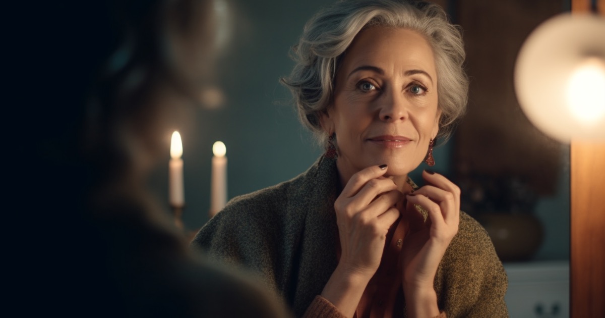 Mature woman looking in a mirror, applying eyeliner