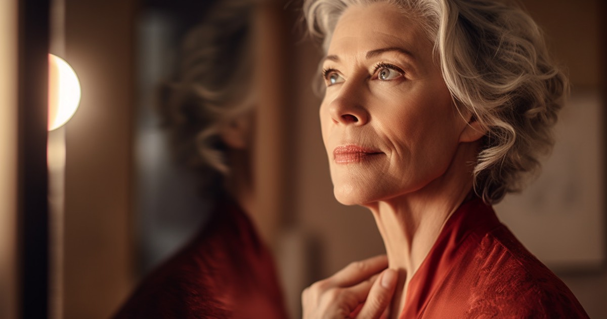 Over 50 woman looking in a mirror, applying eyeliner