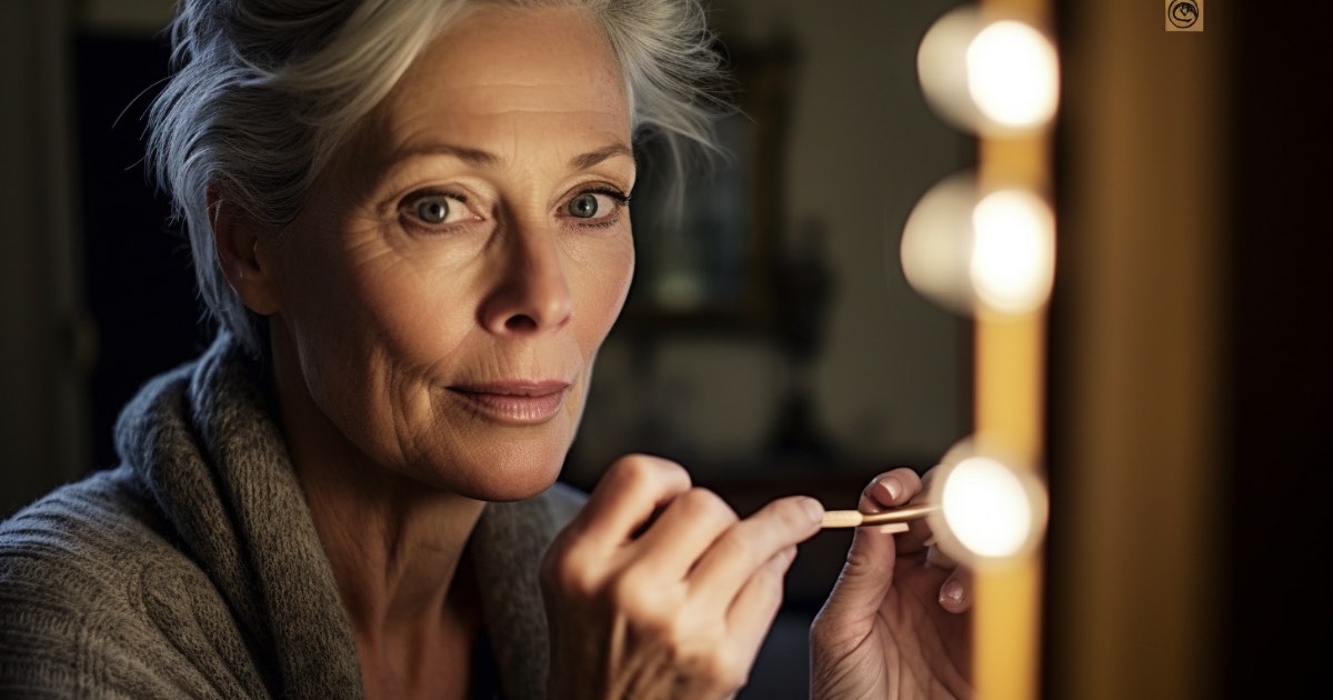 Mature woman looking in a mirror, applying eyeliner