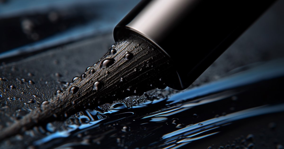 Close-up of a liquid eyeliner brush tip with a drop of eyeliner