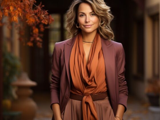 a sophisticated woman over 40, adorned in a chic fall outfit