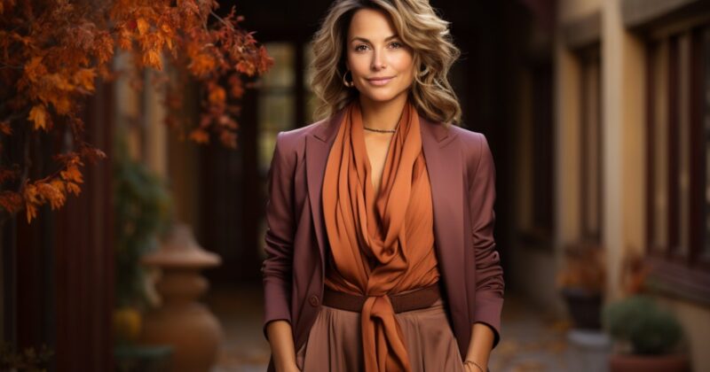 a sophisticated woman over 40, adorned in a chic fall outfit