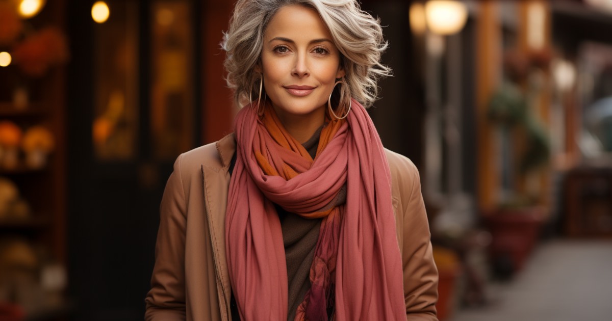 a sophisticated woman over 40, adorned in a chic fall outfit