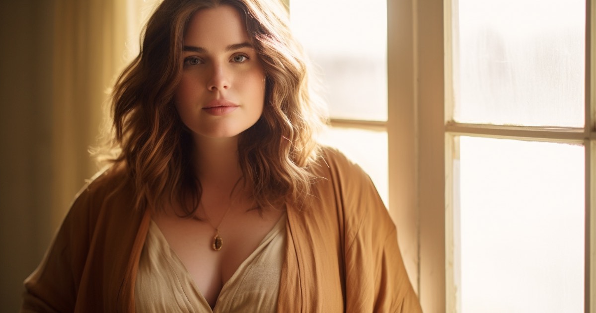 A 40-year-old plus-size woman with a layered hairstyle