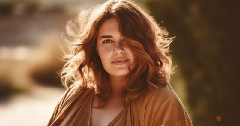 A 40-year-old plus-size woman with a layered hairstyle