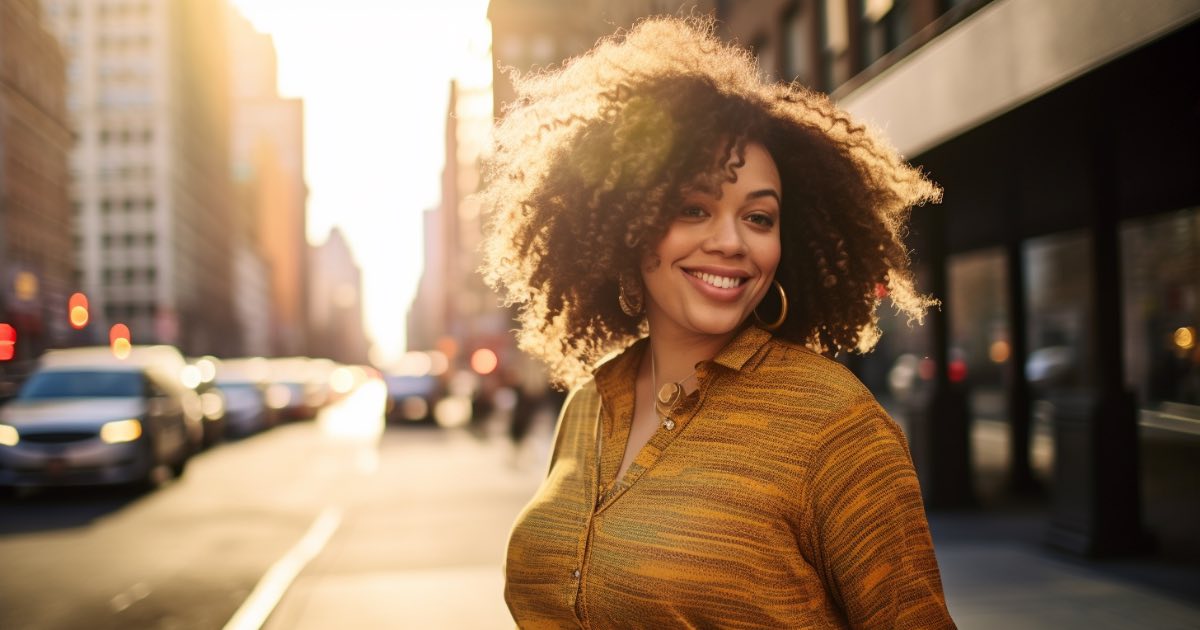 40-year-old plus-size woman with curly hair symbolizing her individuality