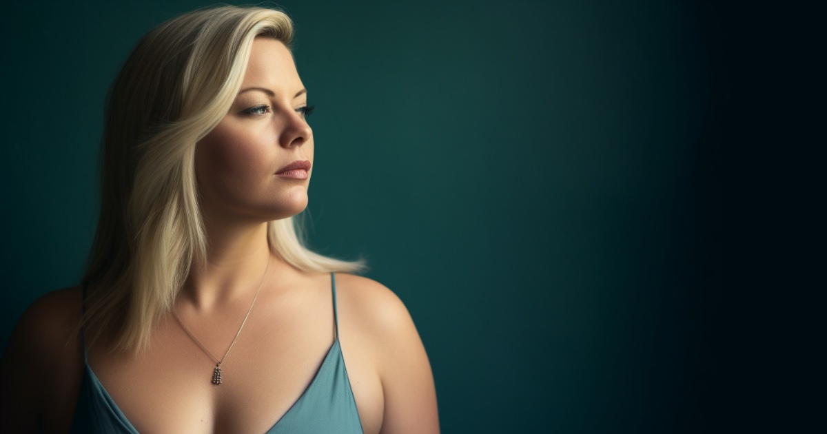 Overweight woman in her 40s with straight sleek hair