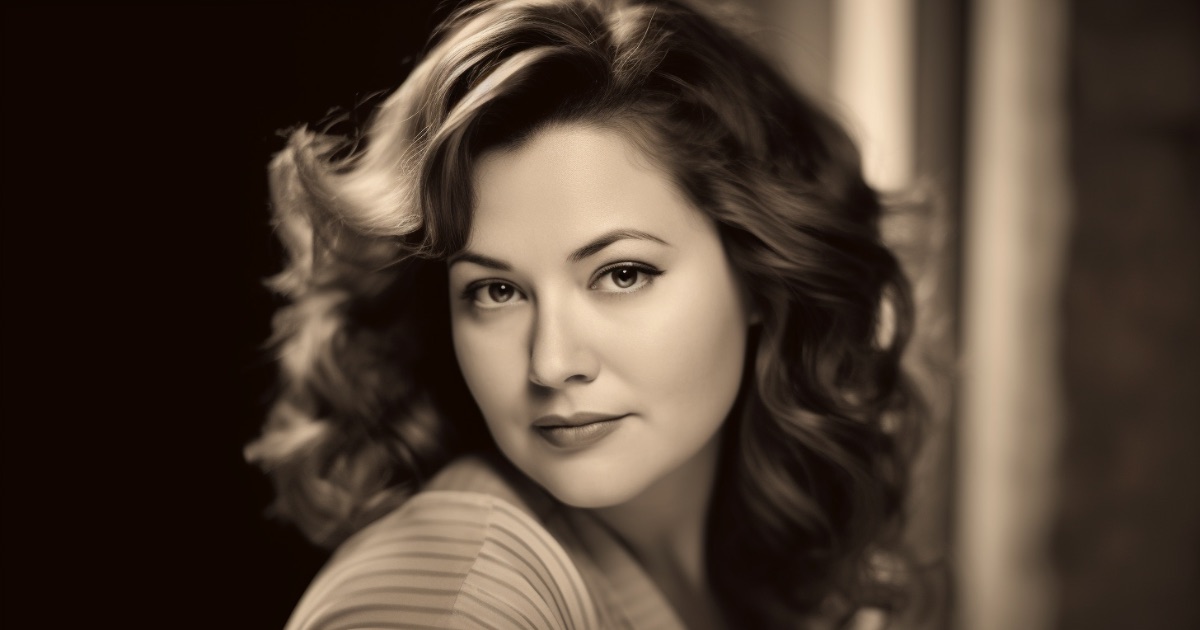 Plus-size woman over 40 with shoulder-length wavy hair and side-swept bangs