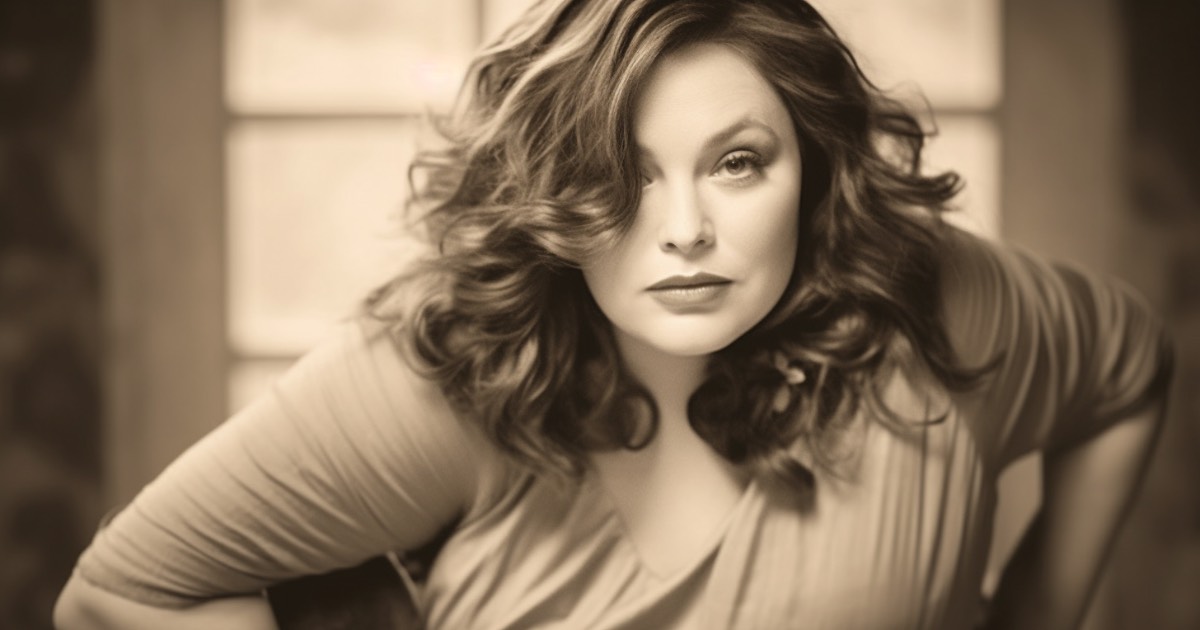 Plus-size woman over 40 with shoulder-length wavy hair and side-swept bangs