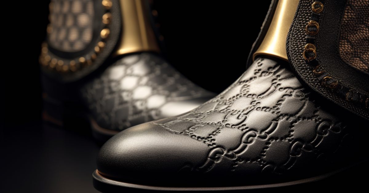 Close-up of a pair of two-tone ankle boots, showcasing intricate details and textures.