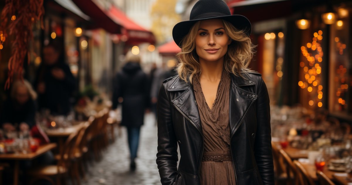 A chic woman over 40 in black ankle boots on street vegatble market.