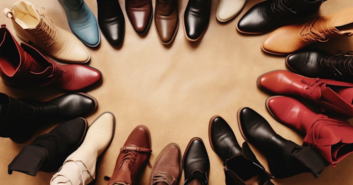 Overhead shot of various ankle boots arranged in a semi-circle, showcasing a variety of styles and colors.