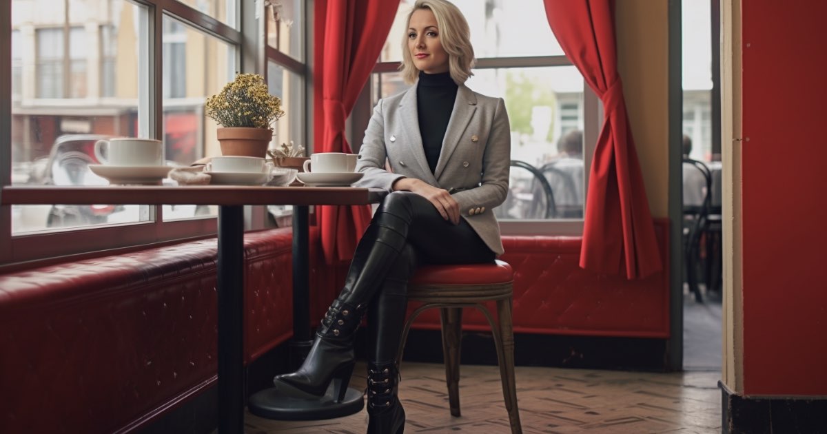 A chic woman over 40 sitting at a café, her black ankle boots crossed elegantly under the table, a cup of coffee beside her.