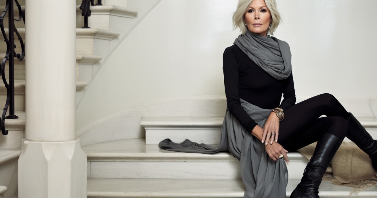 picture a stylish, mature woman over 40, exuding confidence and grace, wearing a pair of form-fitting leggings paired with a chic tunic