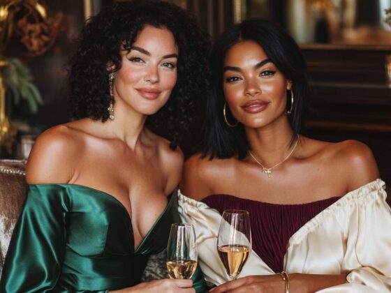 A glamorous photo of two women in evening wear at what appears to be an upscale restaurant or lounge. One woman has voluminous curly black hair and wears an emerald green satin off-shoulder dress, while the other has straight black hair and wears a burgundy and cream off-shoulder ensemble. Both are holding champagne flutes and appear to be seated on a velvet couch or banquette. They're wearing elegant jewelry - the first woman has dangling earrings while the second wears gold hoop earrings and a delicate necklace. The setting has warm, intimate lighting with decorative elements visible in the background.