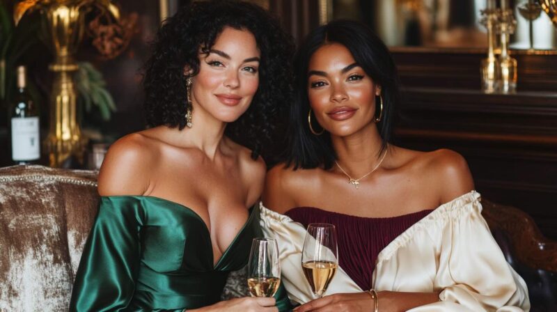 A glamorous photo of two women in evening wear at what appears to be an upscale restaurant or lounge. One woman has voluminous curly black hair and wears an emerald green satin off-shoulder dress, while the other has straight black hair and wears a burgundy and cream off-shoulder ensemble. Both are holding champagne flutes and appear to be seated on a velvet couch or banquette. They're wearing elegant jewelry - the first woman has dangling earrings while the second wears gold hoop earrings and a delicate necklace. The setting has warm, intimate lighting with decorative elements visible in the background.