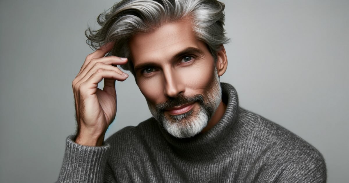 A man in his 40s confidently showcasing his natural gray hair