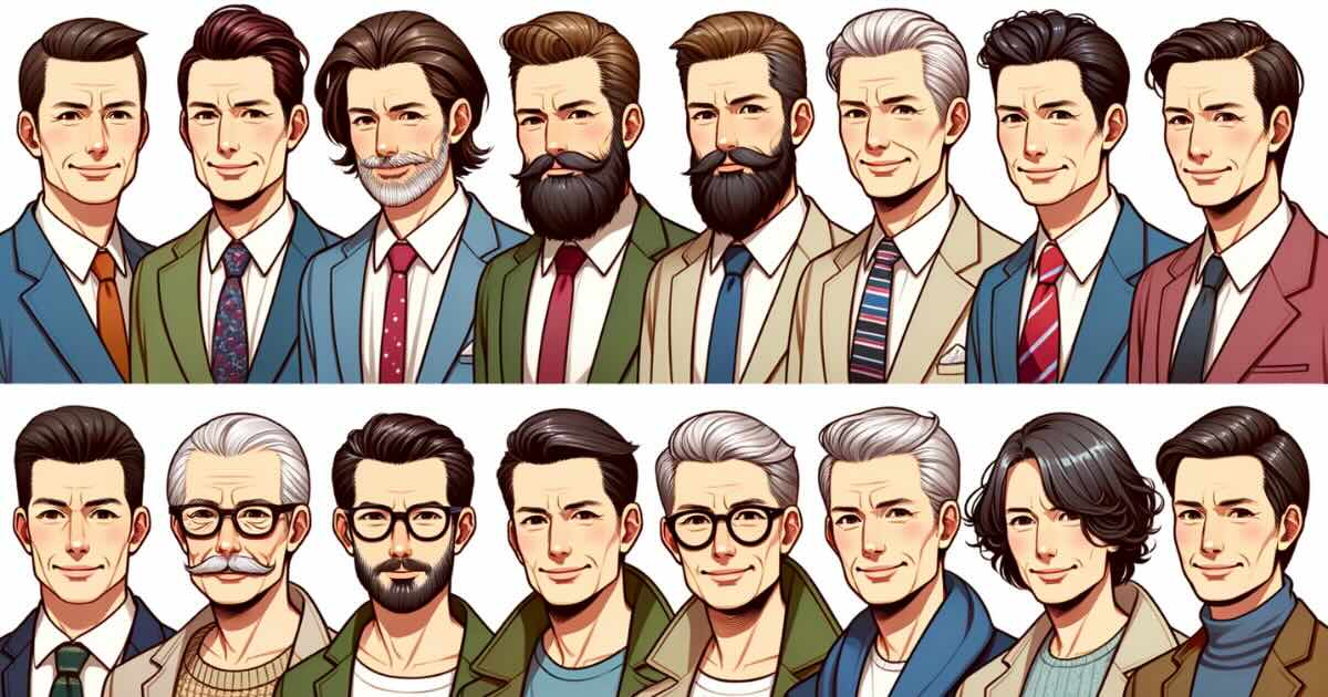 An illustration of diverse men in their 40s, each with their unique hairstyle