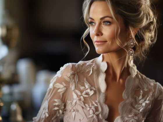 Older bride looking in the mirror