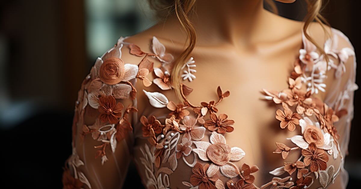 Close-up of a wedding dress's lace bodice