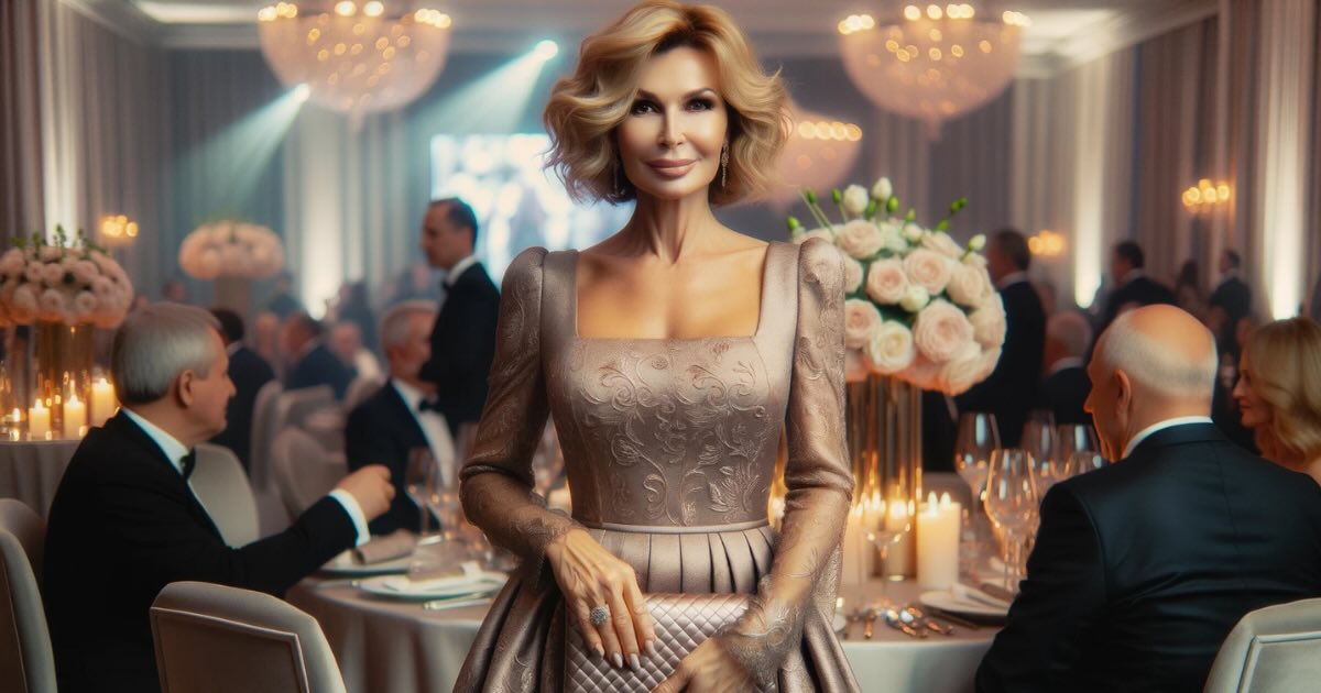 Elegant woman over 40 in a knee-length dress, holding a clutch, immersed in the ambiance of a sophisticated formal event