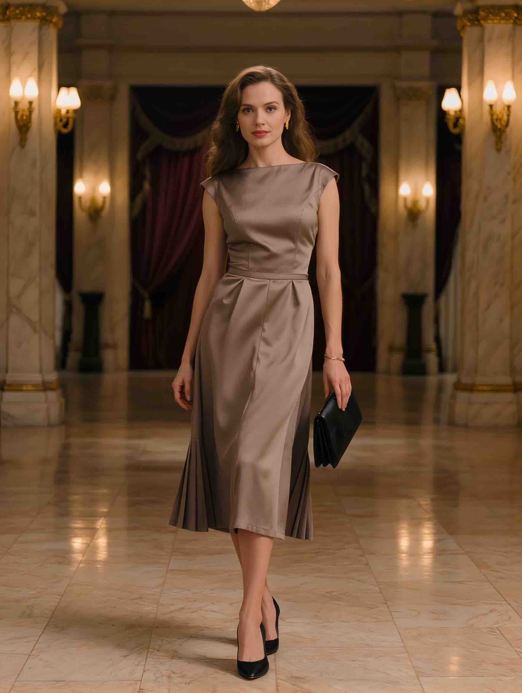 Elegant midi dress outfit for the theatre