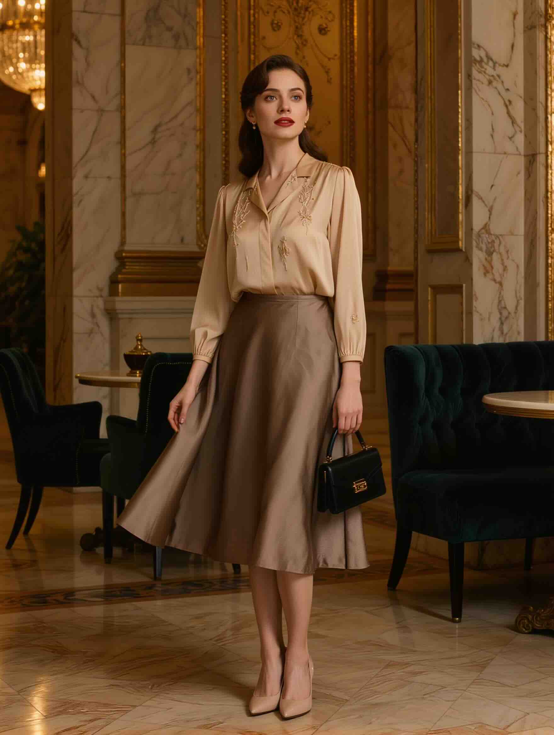 Blouse and midi skirt outfit for the theatre