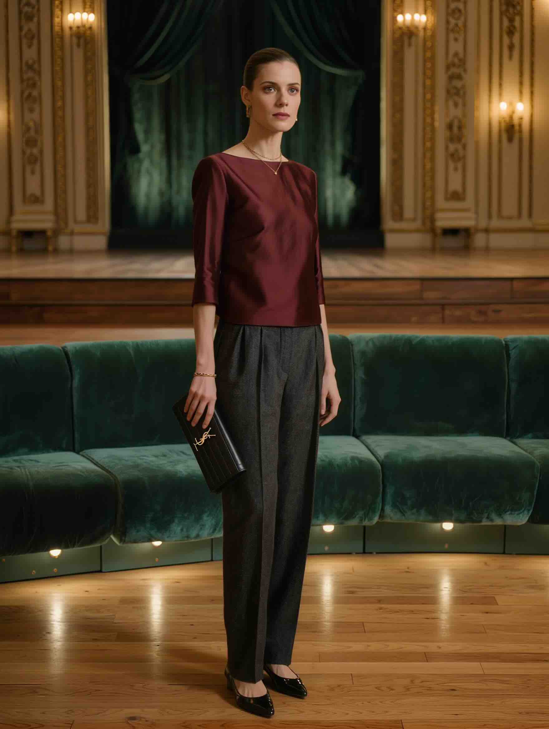 Tailored trousers and dressy top for the theatre