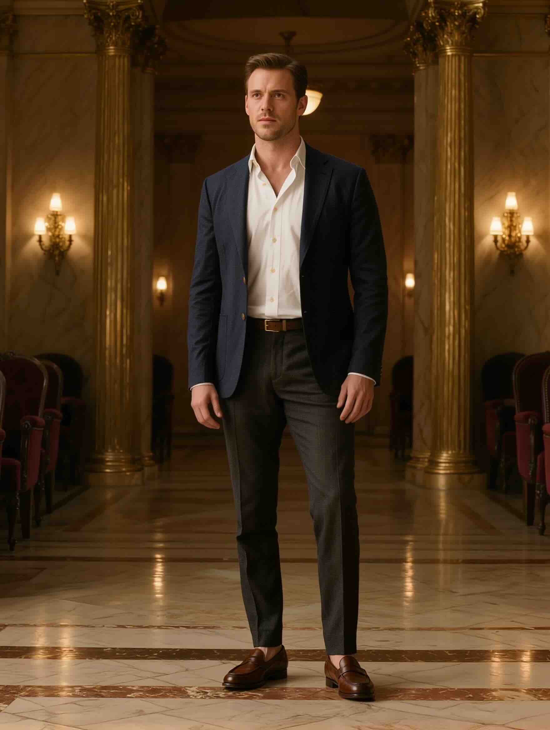 Men's theatre outfit with navy blazer white shirt and tailored trousers