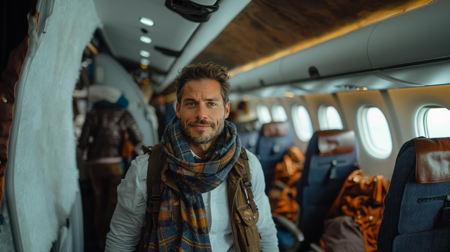 A Man Standing in the Aisle of a Plane