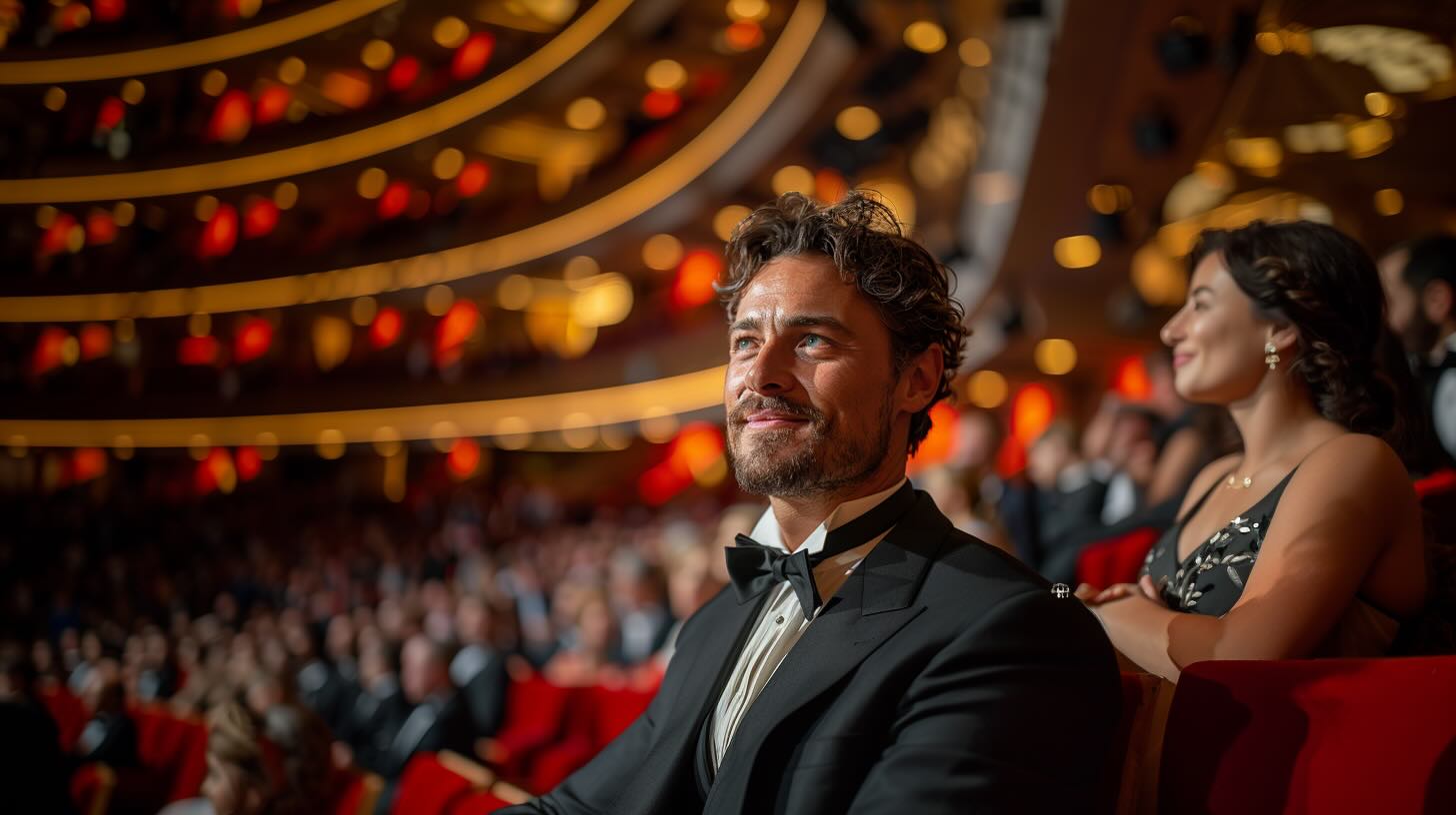 A man attending a ballet performance, wearing a tailored black suit with a white dress shirt and a black silk tie