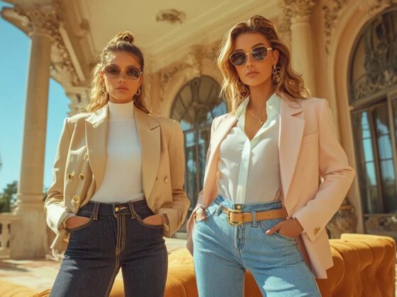 Two individuals in jeans and blazers standing next to each other