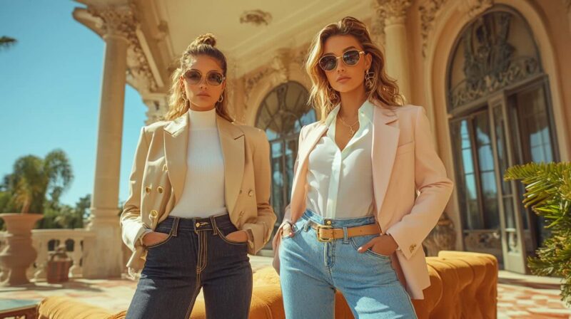 Two individuals in jeans and blazers standing next to each other