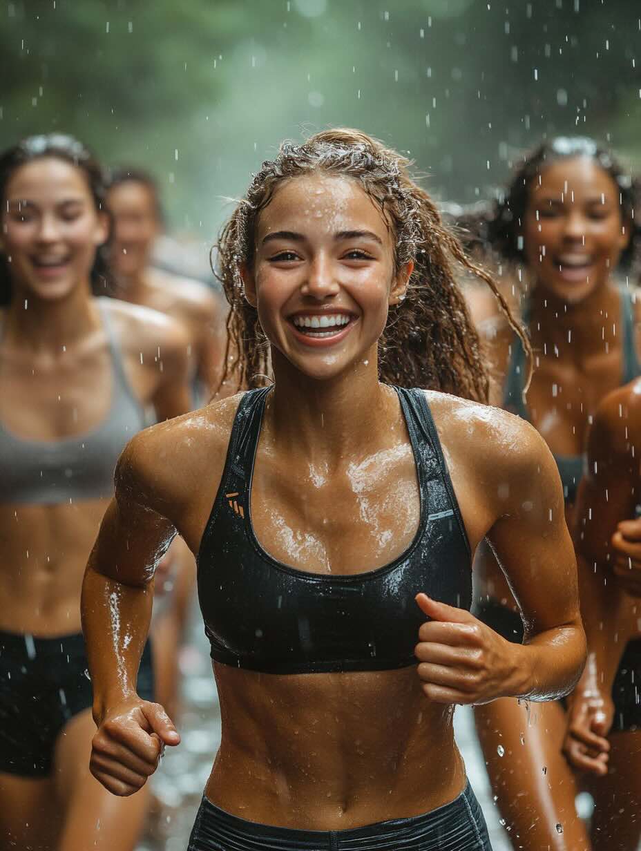 Athletic woman running in the rain with a bright, enthusiastic smile. She's wearing a black sports bra and matching workout leggings, and her curly hair is wet from the rain. Her skin is glistening with water droplets and she appears to be mid-workout. In the background, other runners can be seen slightly out of focus, also smiling and running in the rain. The image captures a moment of joy during outdoor exercise, with visible rain drops creating a dynamic atmosphere.