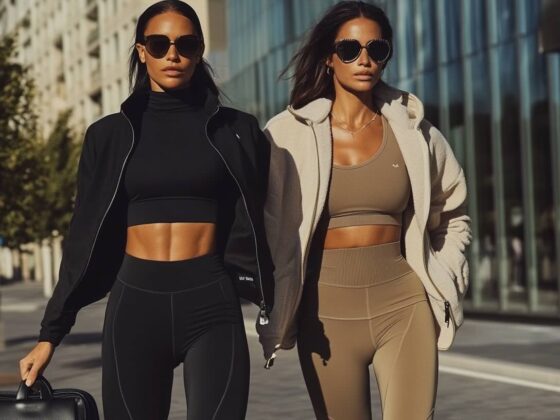 A high-fashion street-style photograph featuring two women in sleek athleisure outfits walking confidently in an urban setting. The woman on the left wears an all-black ensemble consisting of a cropped turtleneck, high-waisted leggings, and a zip-up jacket, accessorized with oversized sunglasses and a structured black handbag. The woman on the right wears a taupe-colored sports bra and matching leggings, layered with a plush off-white zip-up jacket. Both have toned physiques, long, sleek hair, and wear minimal jewelry. The sun casts strong shadows, highlighting their outfits and adding to the effortlessly chic, fitness-inspired aesthetic. The background features modern glass buildings and city trees, enhancing the upscale metropolitan vibe.