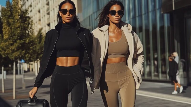 A high-fashion street-style photograph featuring two women in sleek athleisure outfits walking confidently in an urban setting. The woman on the left wears an all-black ensemble consisting of a cropped turtleneck, high-waisted leggings, and a zip-up jacket, accessorized with oversized sunglasses and a structured black handbag. The woman on the right wears a taupe-colored sports bra and matching leggings, layered with a plush off-white zip-up jacket. Both have toned physiques, long, sleek hair, and wear minimal jewelry. The sun casts strong shadows, highlighting their outfits and adding to the effortlessly chic, fitness-inspired aesthetic. The background features modern glass buildings and city trees, enhancing the upscale metropolitan vibe.