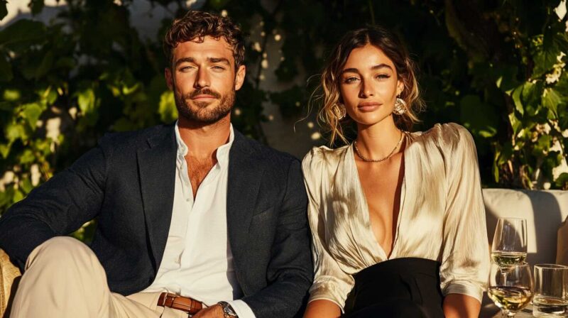 A sophisticated outdoor lifestyle photograph featuring a fashionable couple dressed elegantly for a formal evening gathering. The man wears a tailored navy blazer over a crisp white button-down shirt, paired with beige trousers and a brown leather belt, exuding timeless refinement. The woman stuns in a champagne-colored satin blouse with a plunging neckline and voluminous sleeves, tucked into high-waisted black trousers. She accessorizes with gold statement earrings and a delicate chain necklace, while her hair is styled in loose, romantic waves. They pose confidently in a sun-drenched setting with lush greenery in the background, seated at a table with glasses of white wine, capturing the essence of an elegant, upscale soirée.