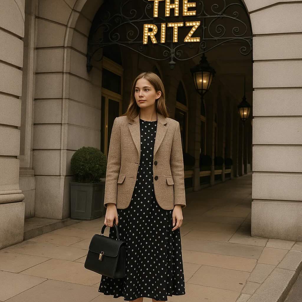 Polka-dot midi dress with tweed blazer, loafers, and a structured top-handle bag